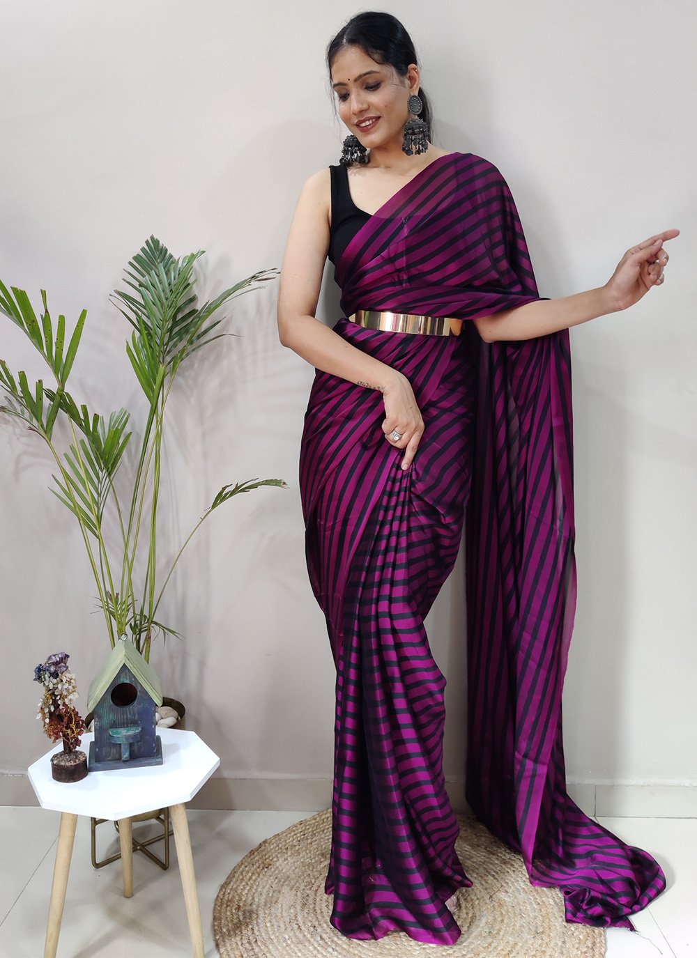 Classic Rangoli Silk Black Purple Strips Print Saree