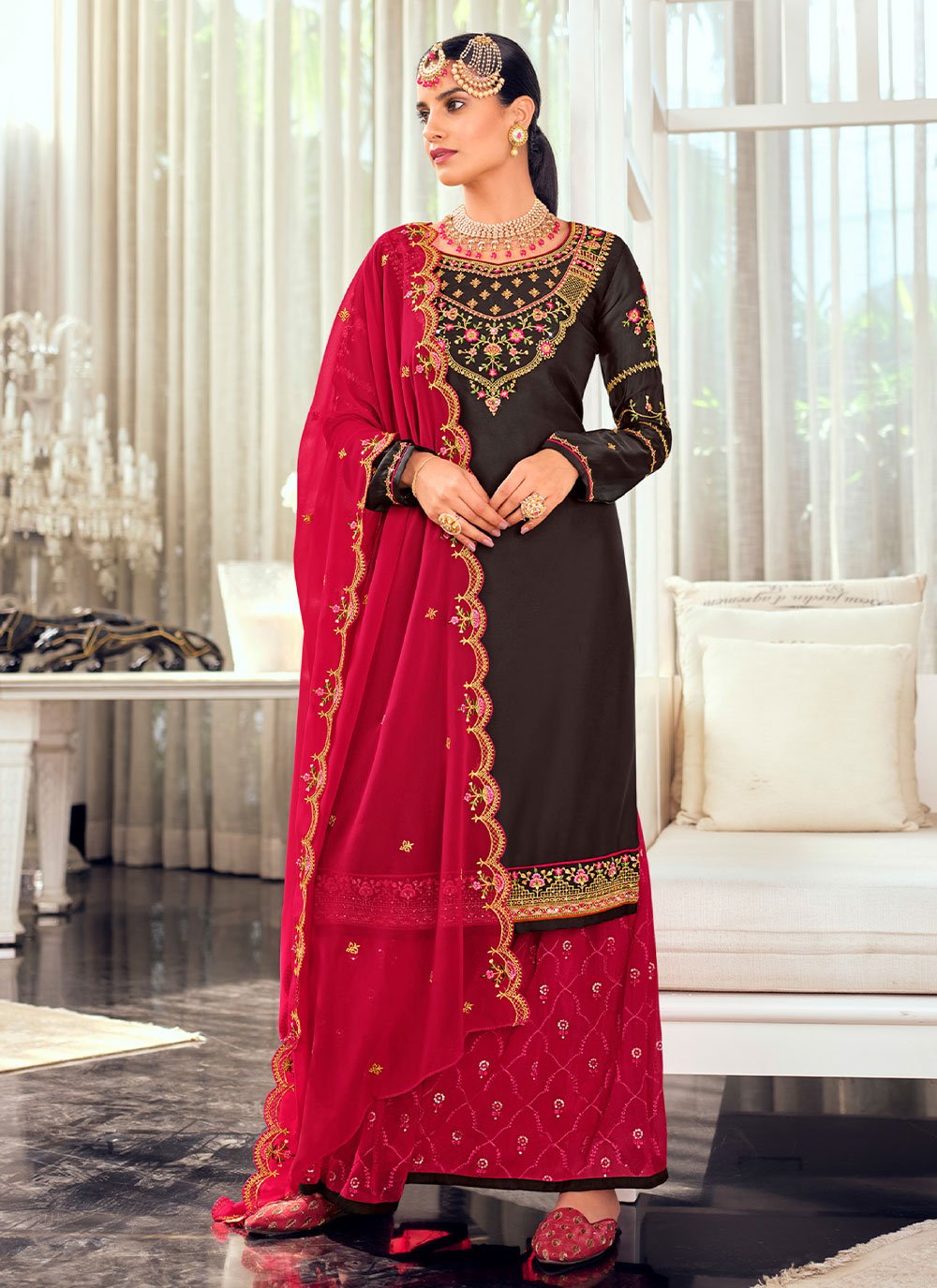 Salwar Suit Georgette Satin Black Rani Diamond Salwar Kameez