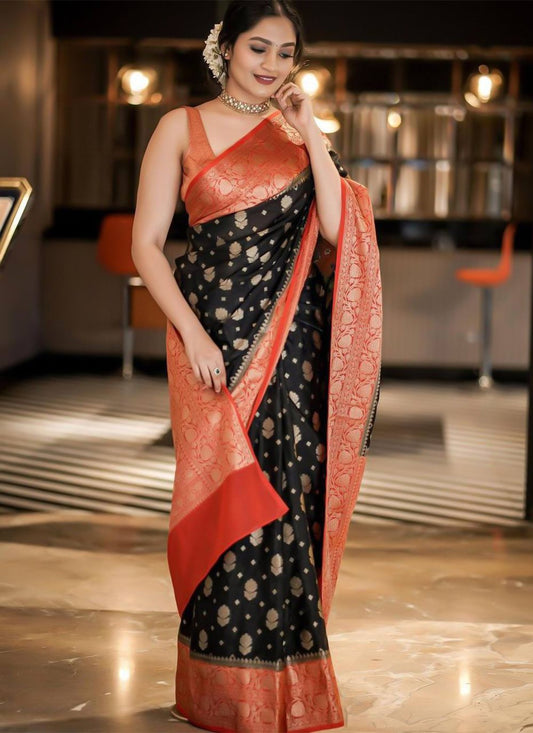 Trendy Saree Banarasi Silk Black Red Weaving Saree