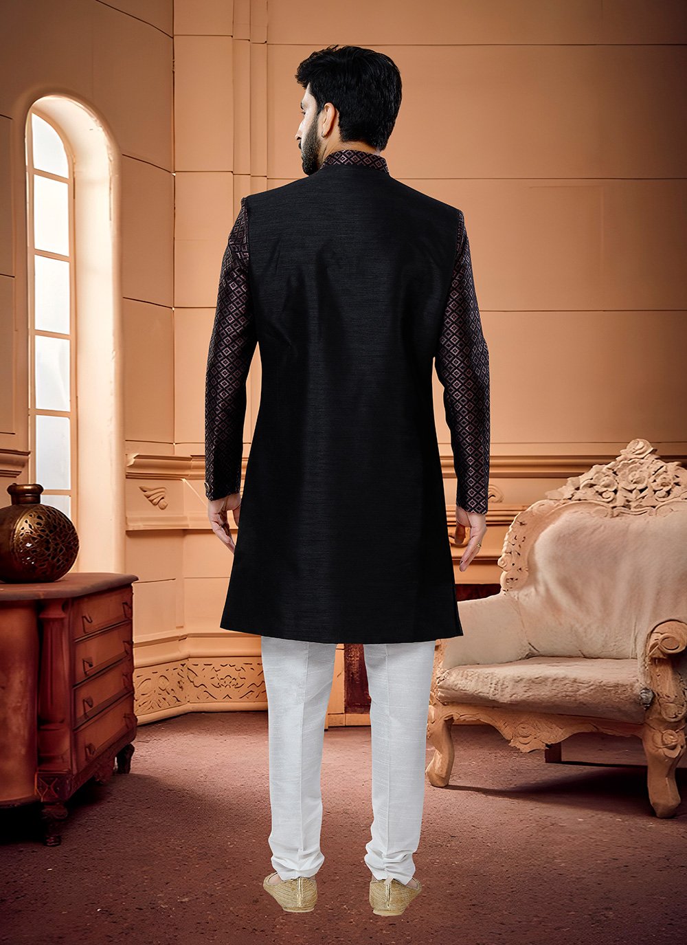 Indo Western Sherwani Jacquard Silk Black Wine Thread Mens