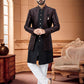 Indo Western Sherwani Jacquard Silk Black Wine Thread Mens