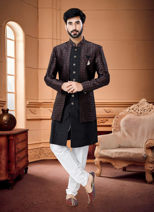 Indo Western Sherwani Jacquard Silk Black Wine Thread Mens