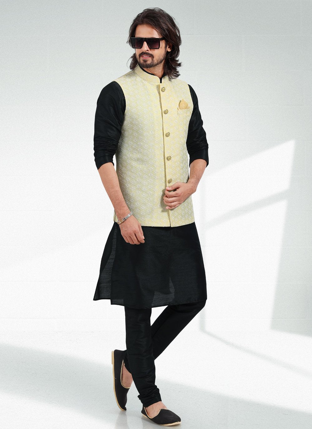 Kurta Payjama With Jacket Art Banarasi Silk Black Yellow Thread Mens