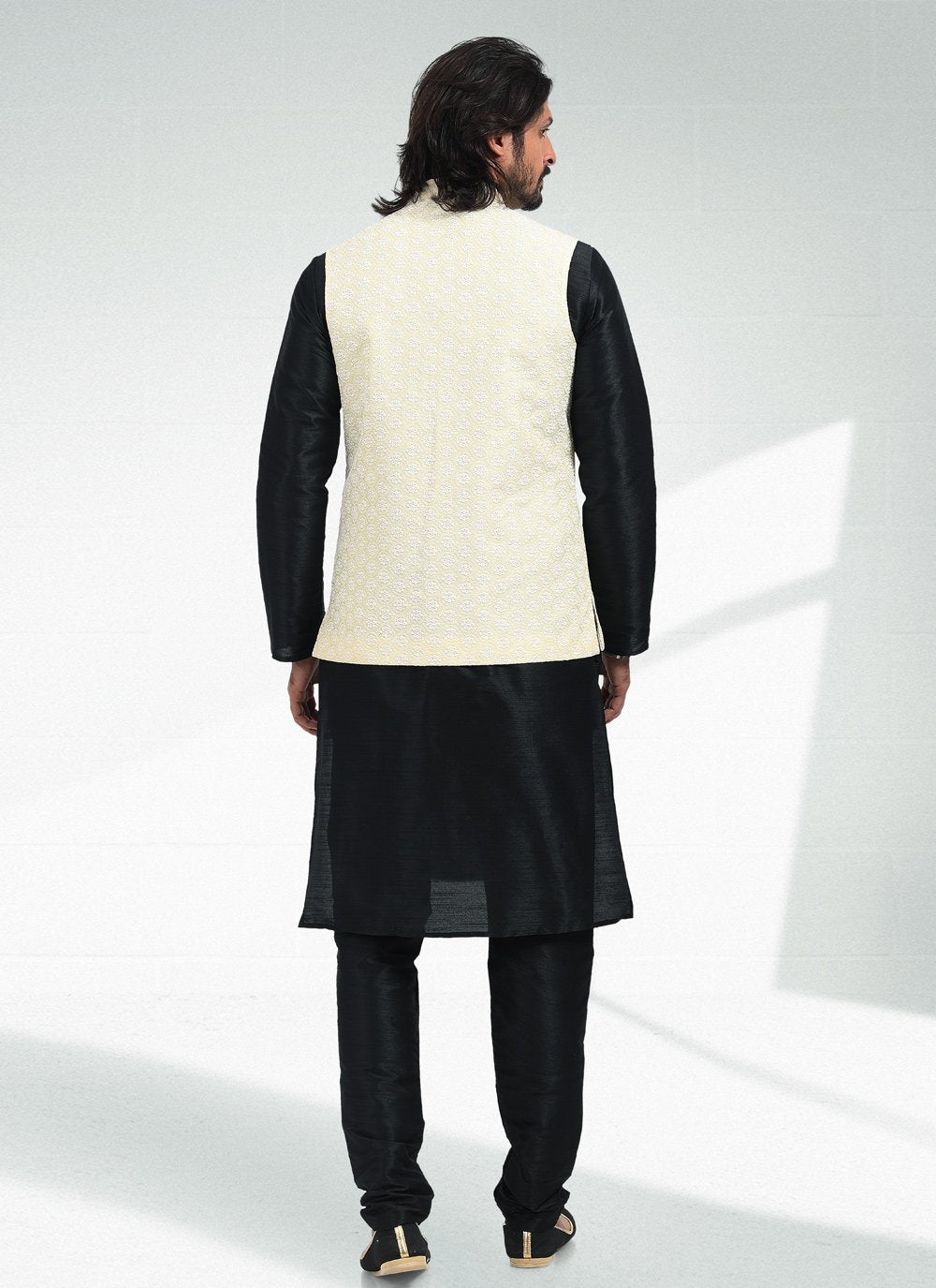 Kurta Payjama With Jacket Art Banarasi Silk Black Yellow Thread Mens