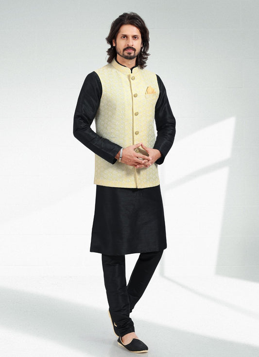 Kurta Payjama With Jacket Art Banarasi Silk Black Yellow Thread Mens