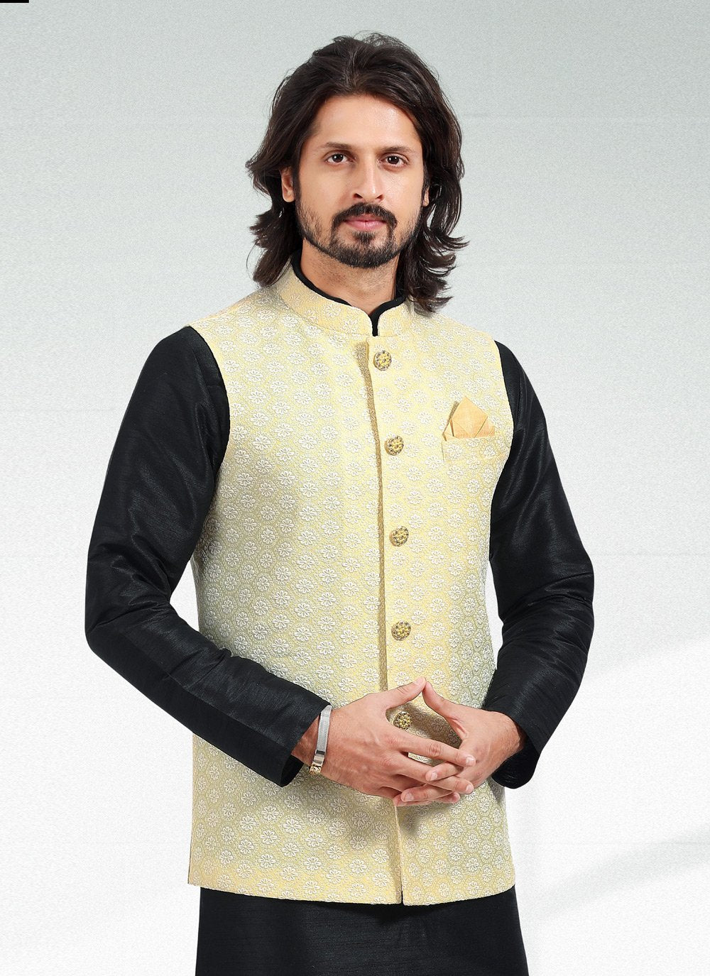 Kurta Payjama With Jacket Art Banarasi Silk Black Yellow Thread Mens