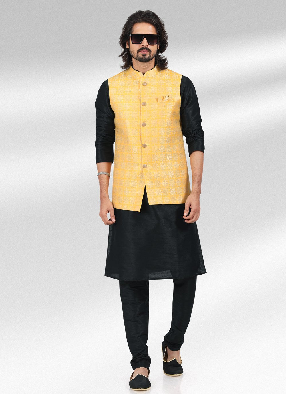 Kurta Payjama With Jacket Banarasi Jacquard Black Yellow Fancy Work Mens