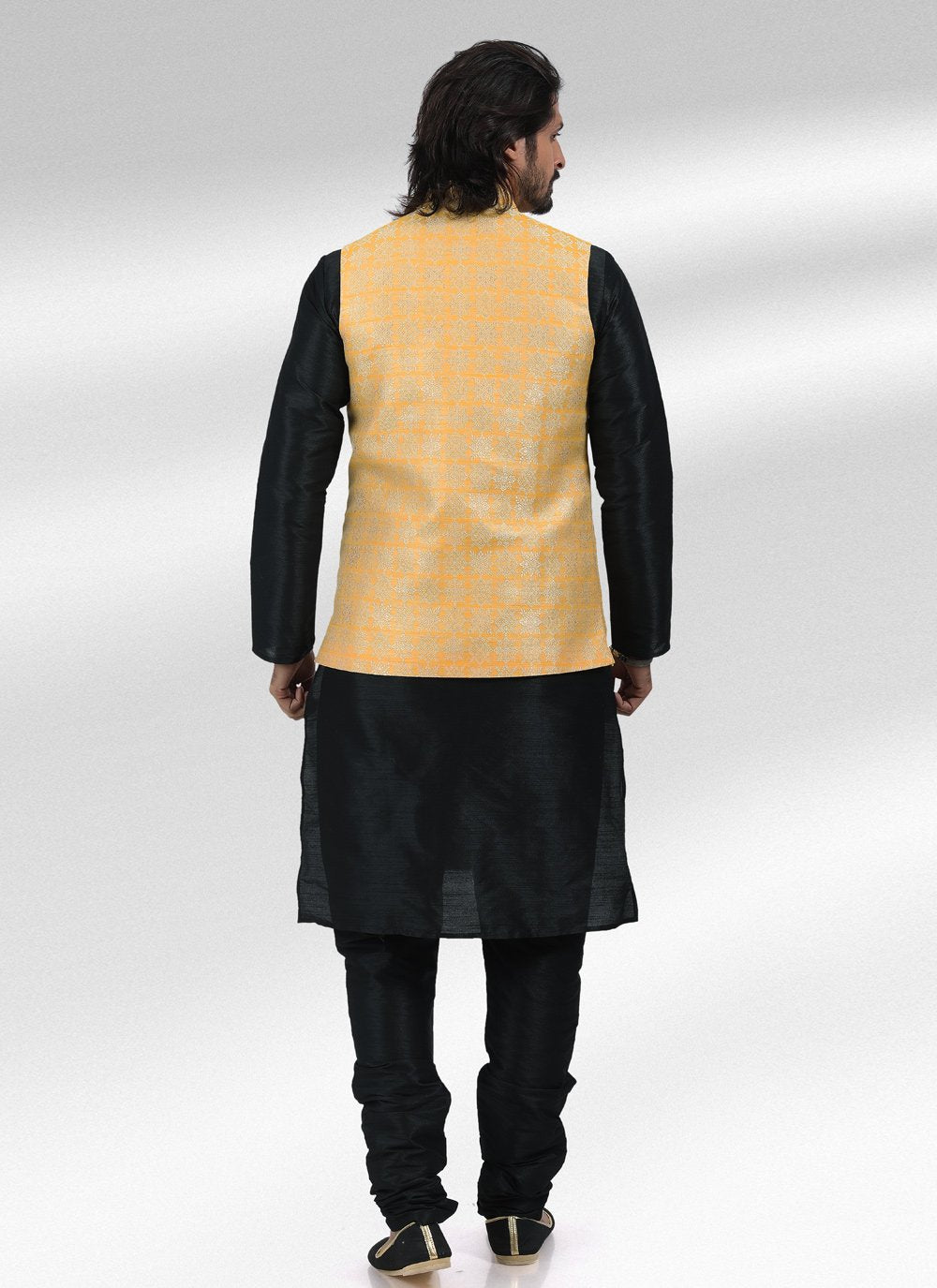 Kurta Payjama With Jacket Banarasi Jacquard Black Yellow Fancy Work Mens