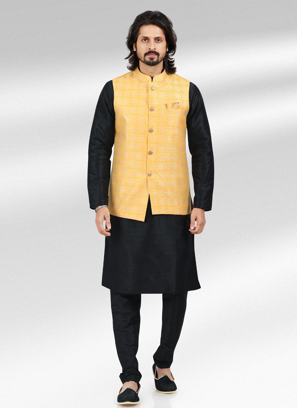 Kurta Payjama With Jacket Banarasi Jacquard Black Yellow Fancy Work Mens