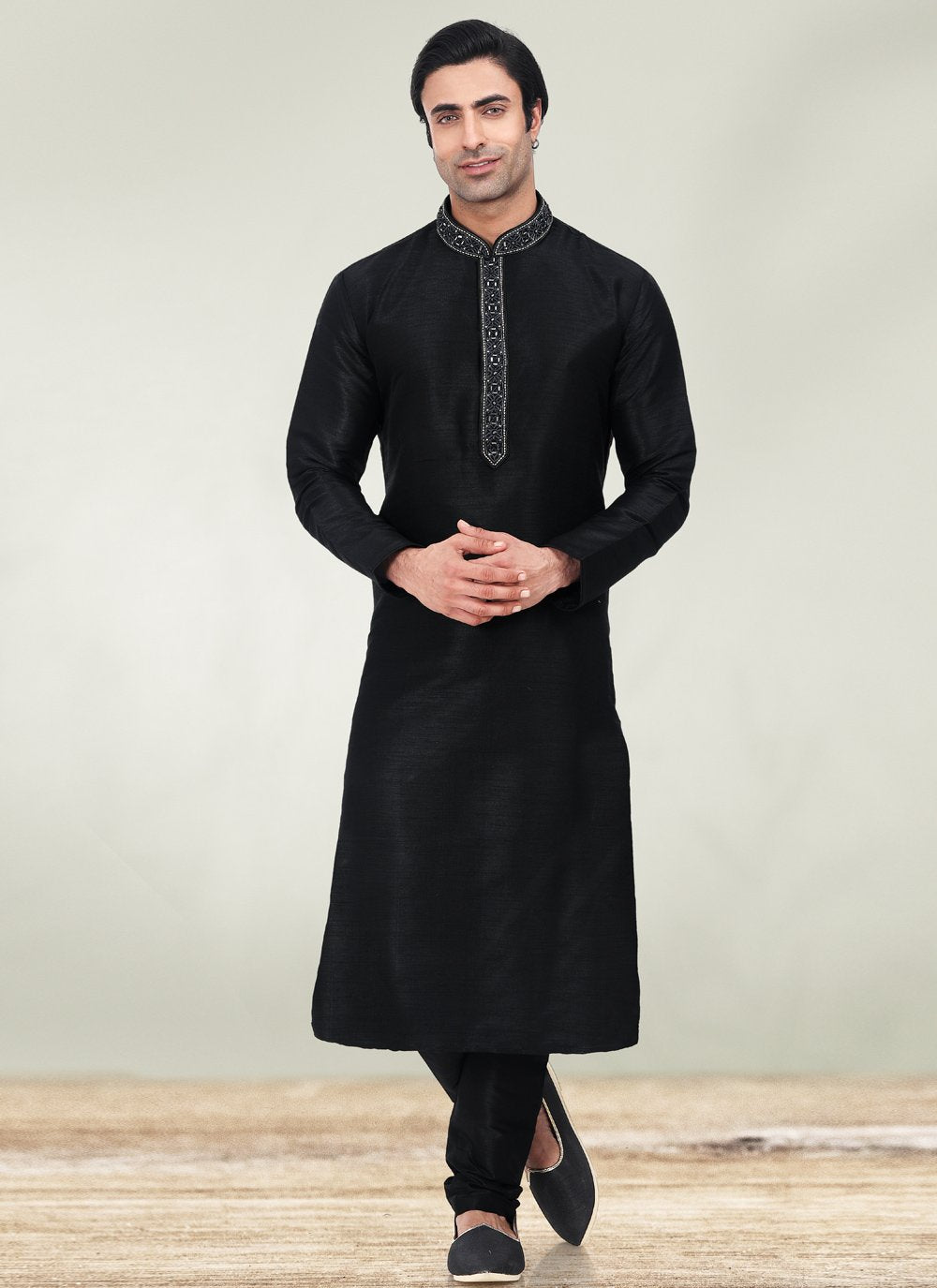 Kurta Pyjama Art Banarasi Silk Black Embroidered Mens