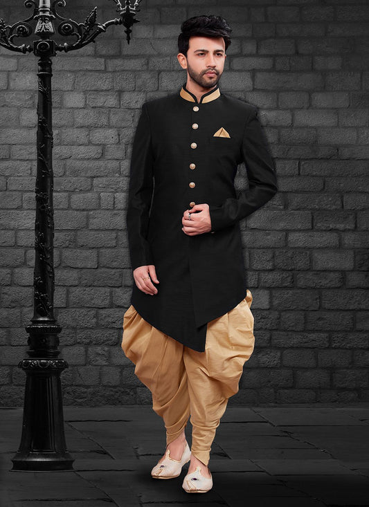 Indo Western Art Dupion Silk Black Buttons Mens