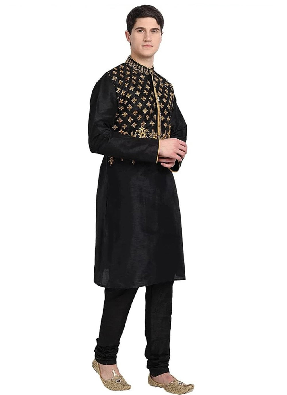 Kurta Pyjama Art Dupion Silk Black Embroidered Mens