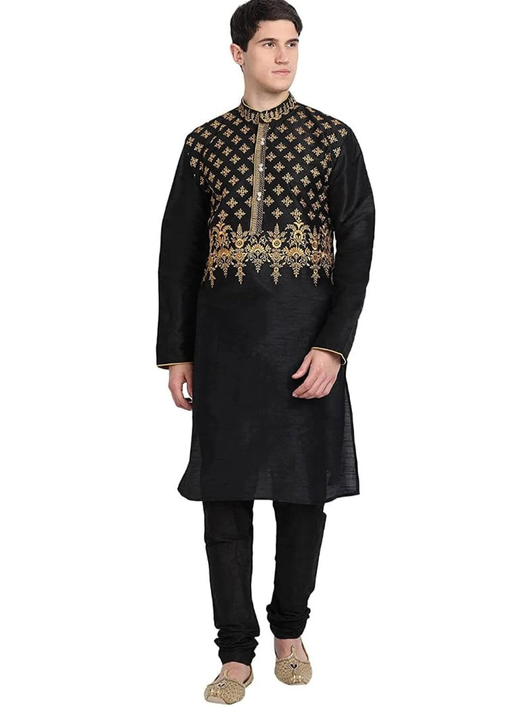 Kurta Pyjama Art Dupion Silk Black Embroidered Mens