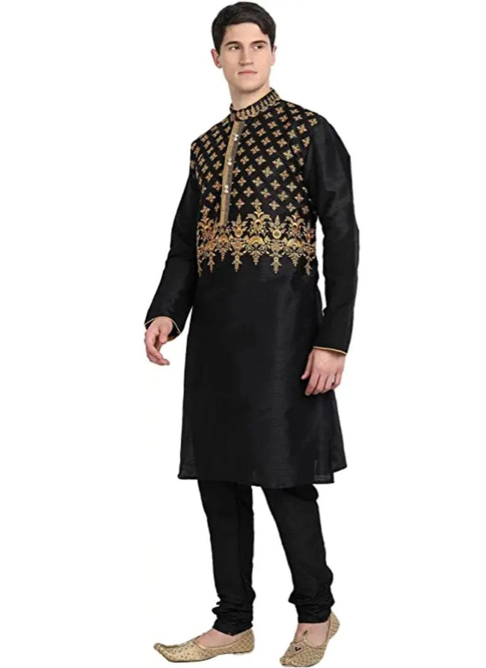 Kurta Pyjama Art Dupion Silk Black Embroidered Mens