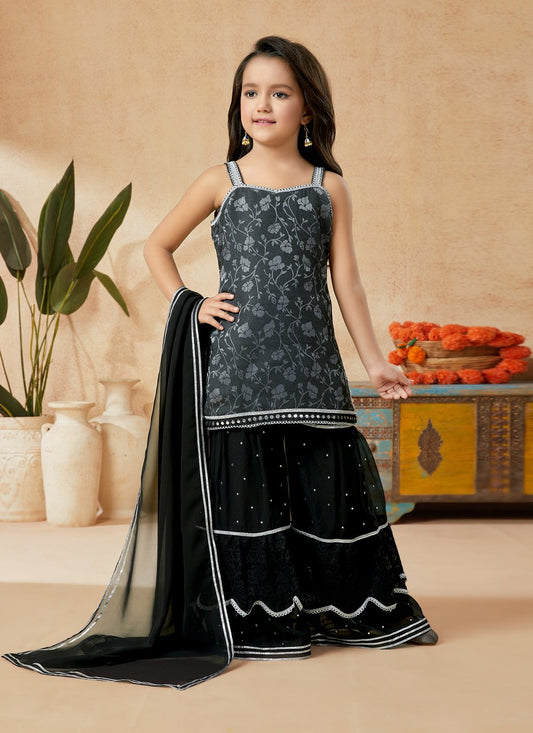 Sharara Set Art Silk Black Foil Print Kids