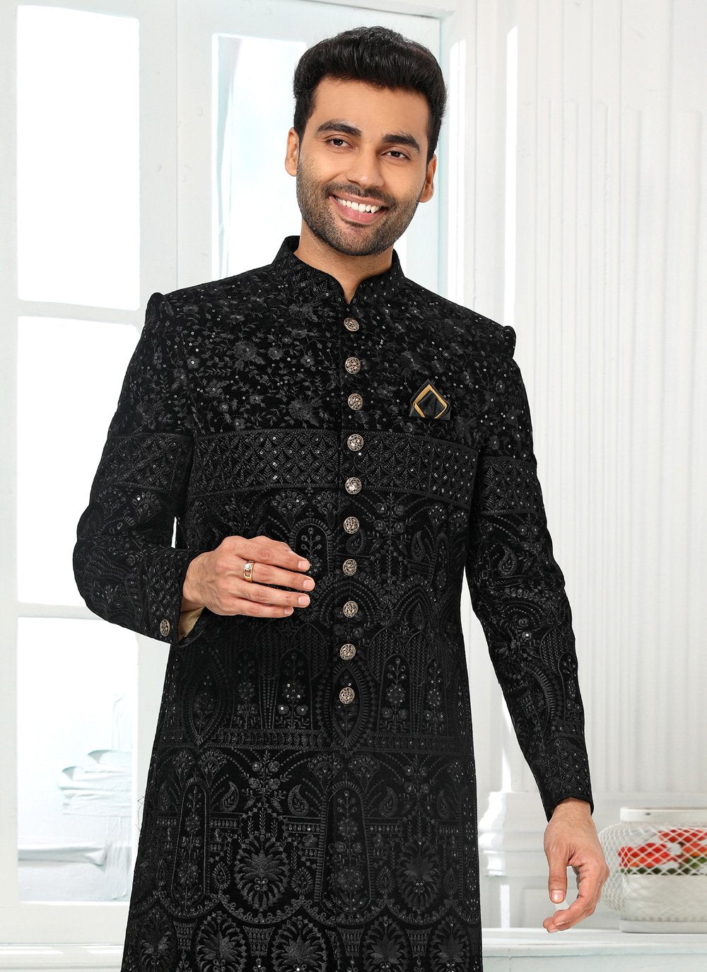 Indo Western Art Silk Black Machine Embroidery Mens