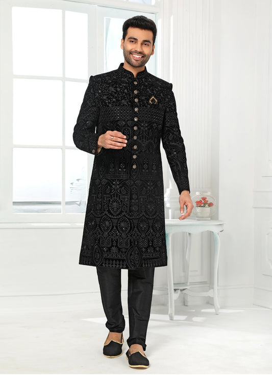 Indo Western Art Silk Black Machine Embroidery Mens