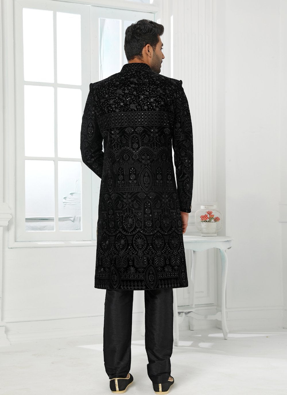 Indo Western Art Silk Black Machine Embroidery Mens