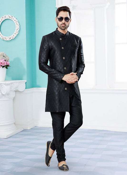 Indo Western Sherwani Banarasi Jacquard Black Embroidered Mens