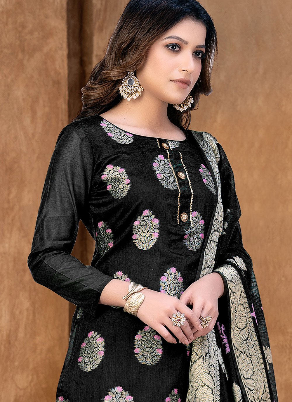 Floor Lenght Salwar Suit Banarasi Jacquard Black Weaving Salwar Kameez