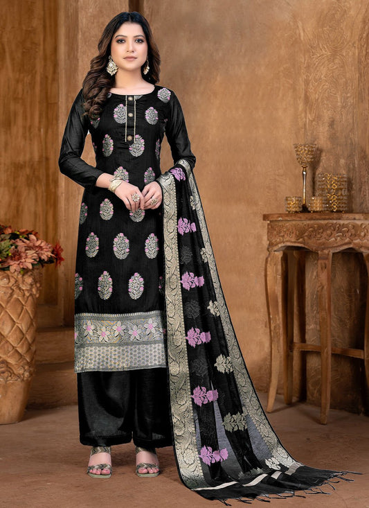 Floor Lenght Salwar Suit Banarasi Jacquard Black Weaving Salwar Kameez