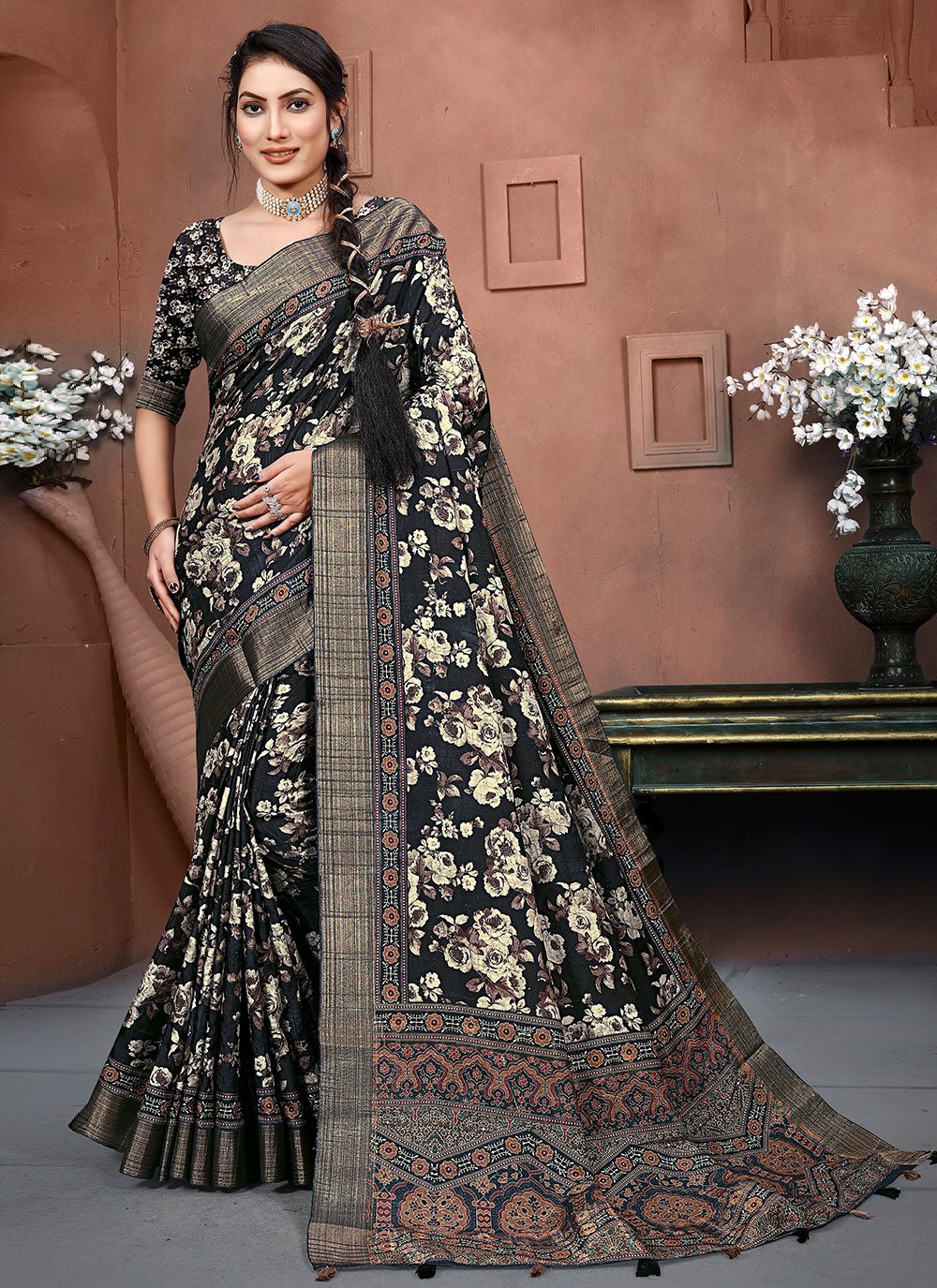 Classic Banarasi Silk Black Digital Print Saree