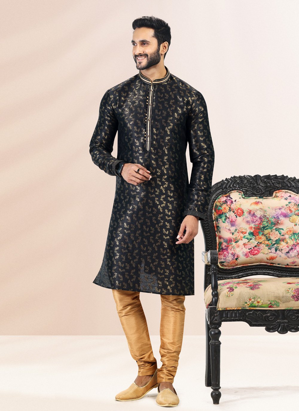 Kurta Pyjama Banarasi Silk Jacquard Black Fancy Work Mens