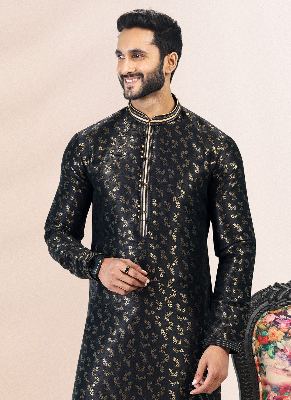 Kurta Pyjama Banarasi Silk Jacquard Black Fancy Work Mens