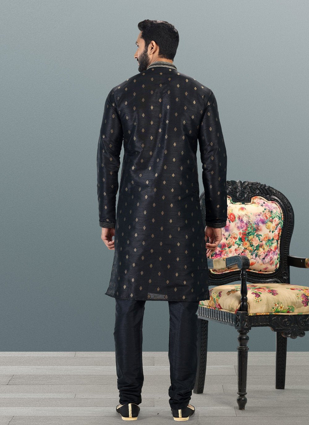 Kurta Pyjama Banarasi Silk Jacquard Black Fancy Work Mens