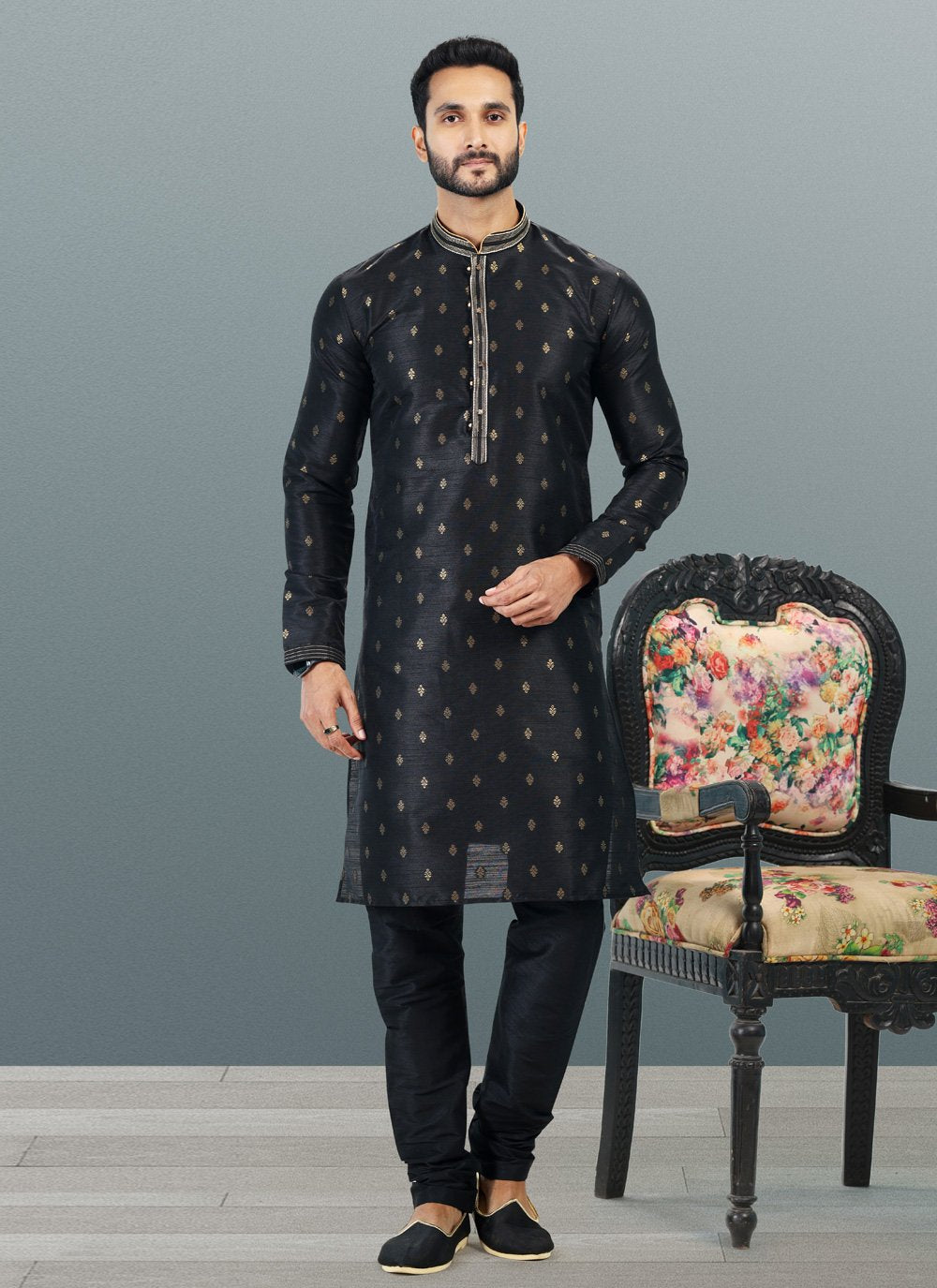 Kurta Pyjama Banarasi Silk Jacquard Black Fancy Work Mens