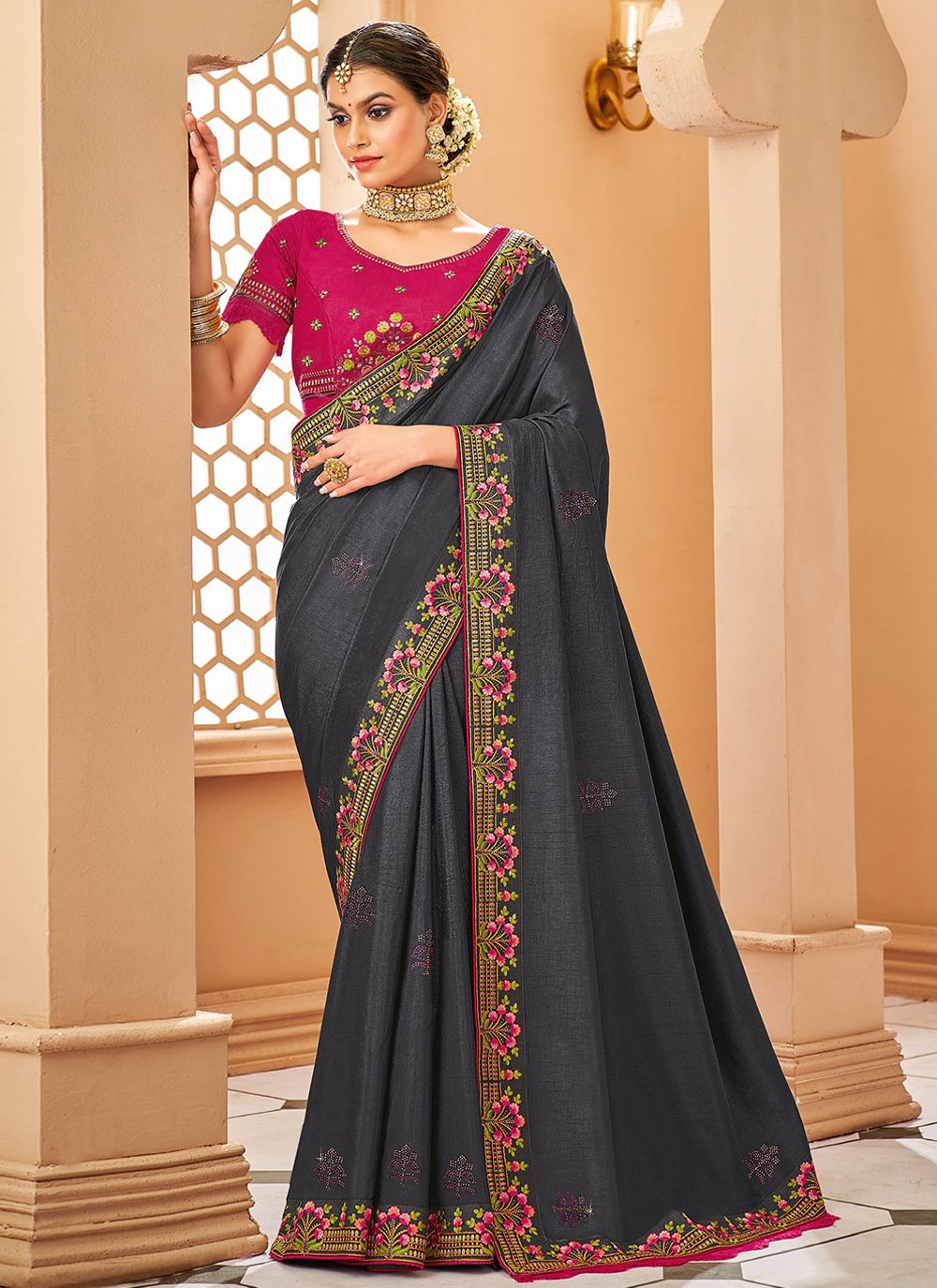 Contemporary Raw Silk Black Embroidered Saree