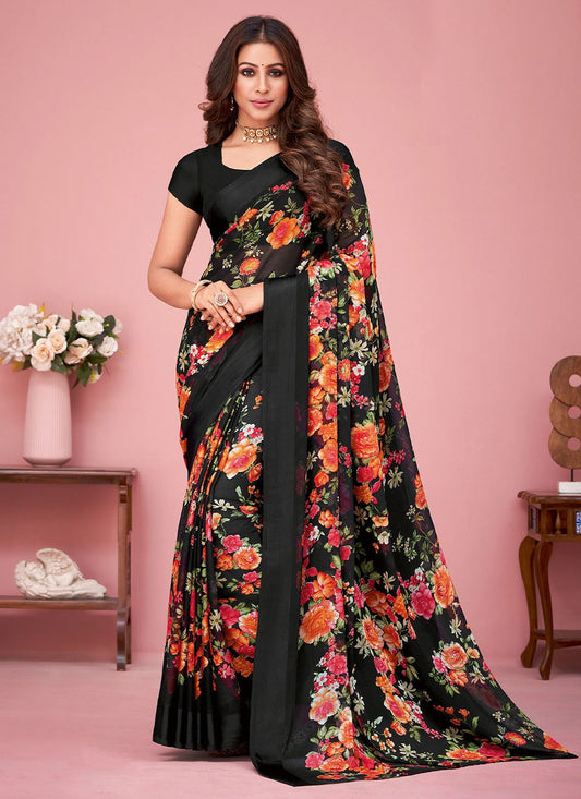 Casual Faux Chiffon Black Print Saree