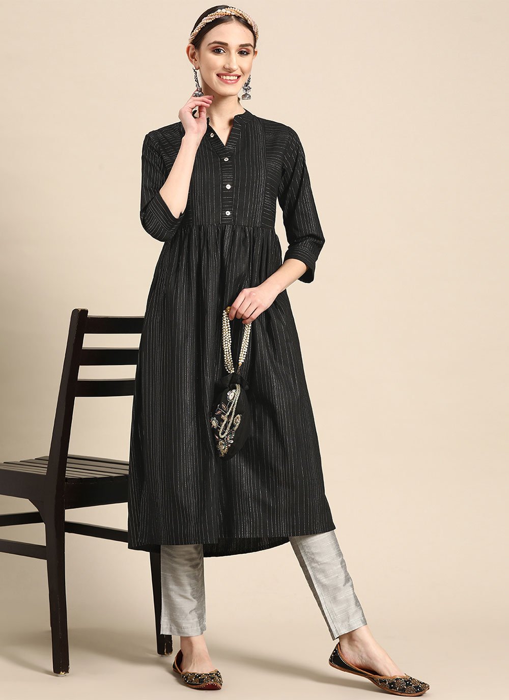 Designer Kurti Cotton Black Strips Print Kurtis