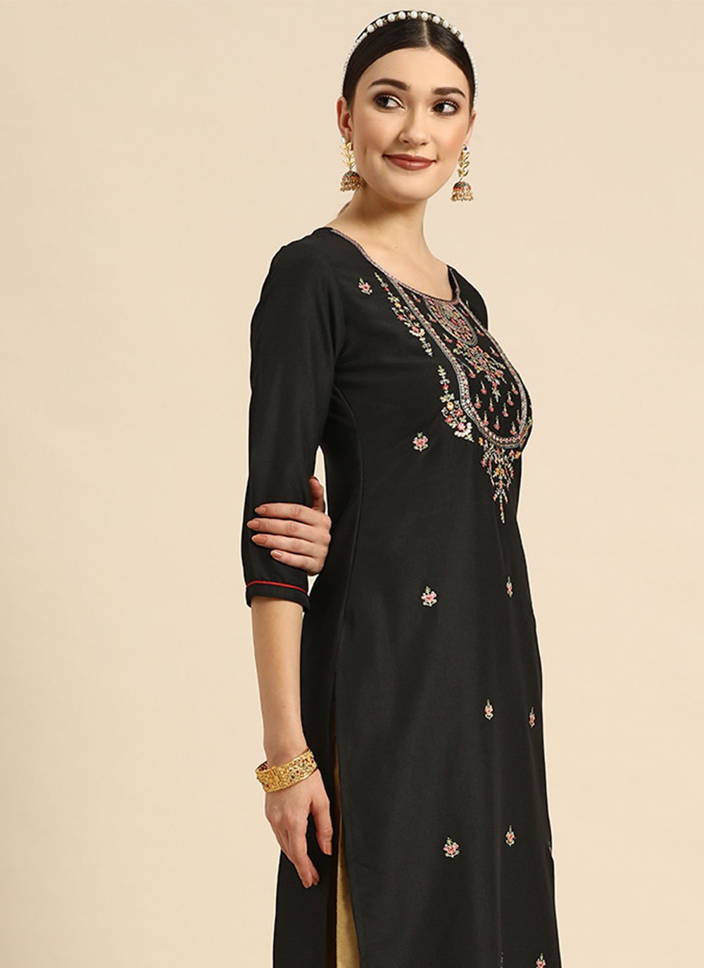 Designer Kurti Chinon Black Embroidered Kurtis