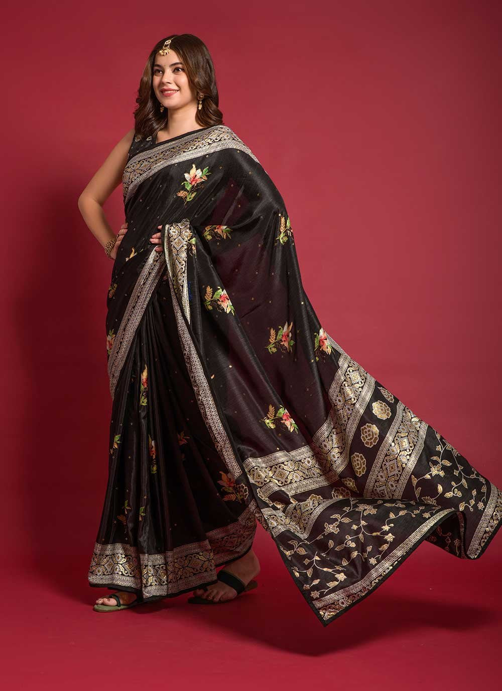 Casual Silk Black Foil Print Saree