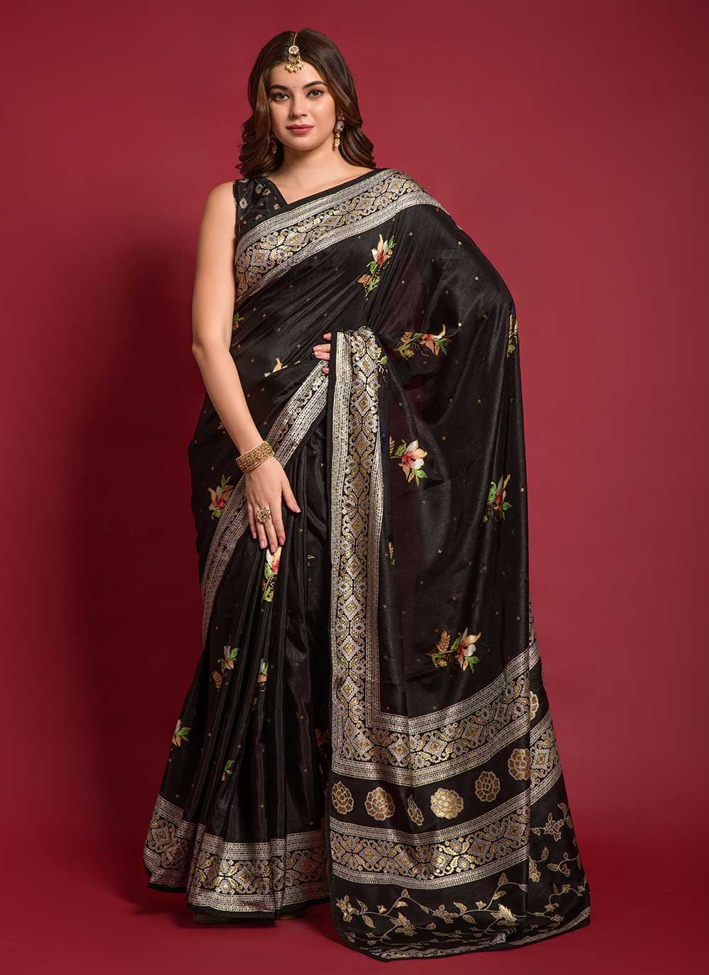 Casual Silk Black Foil Print Saree