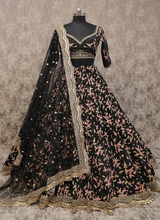 A Line Lehenga Silk Black Embroidered Lehenga Choli