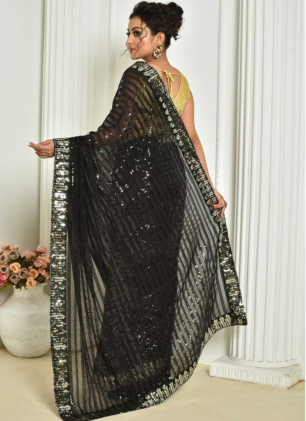 Designer Georgette Black Embroidered Saree