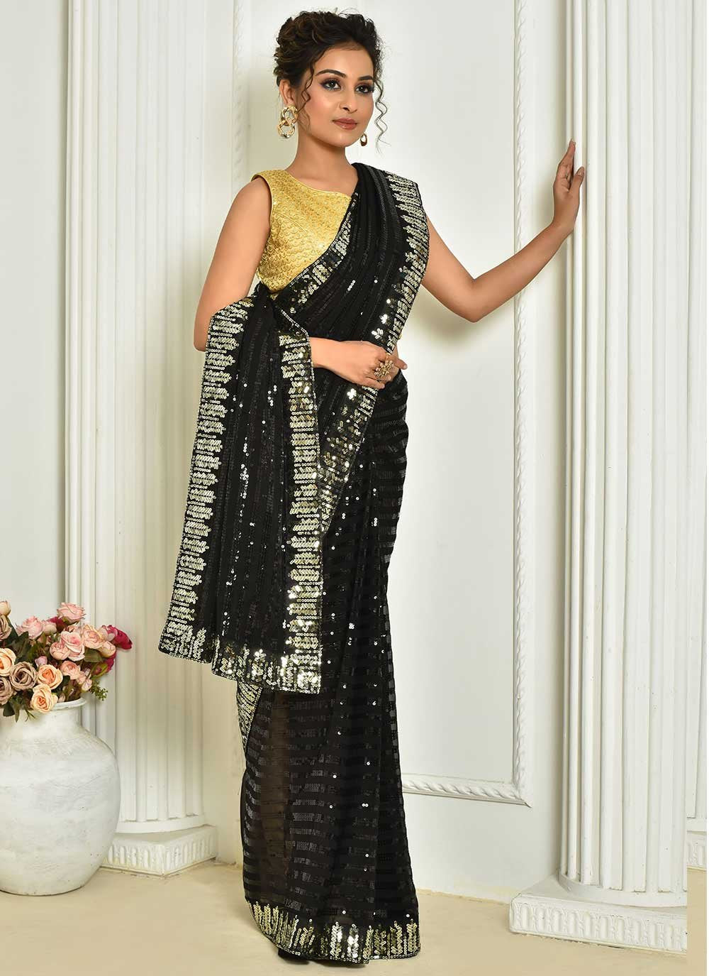 Designer Georgette Black Embroidered Saree