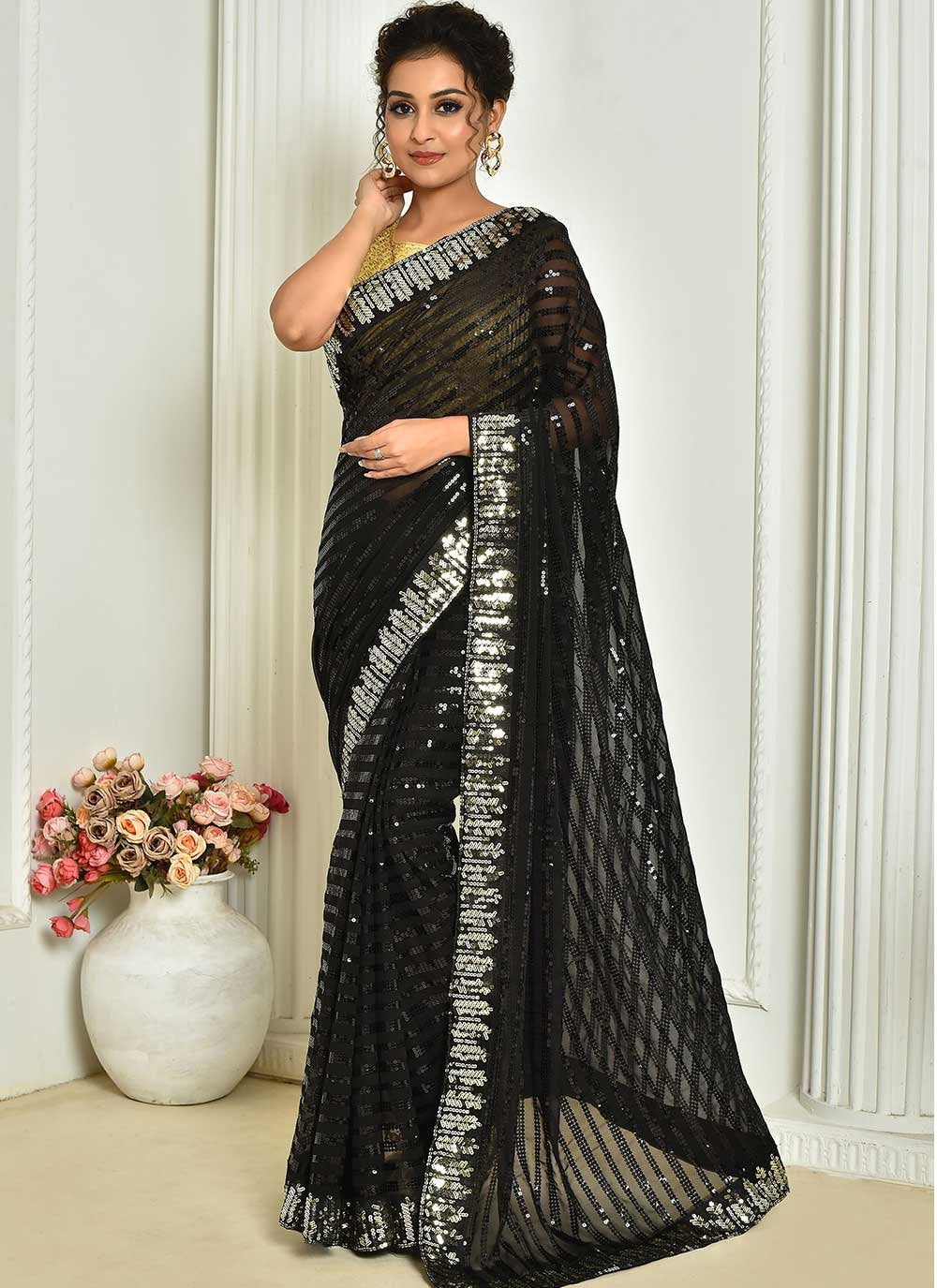 Designer Georgette Black Embroidered Saree