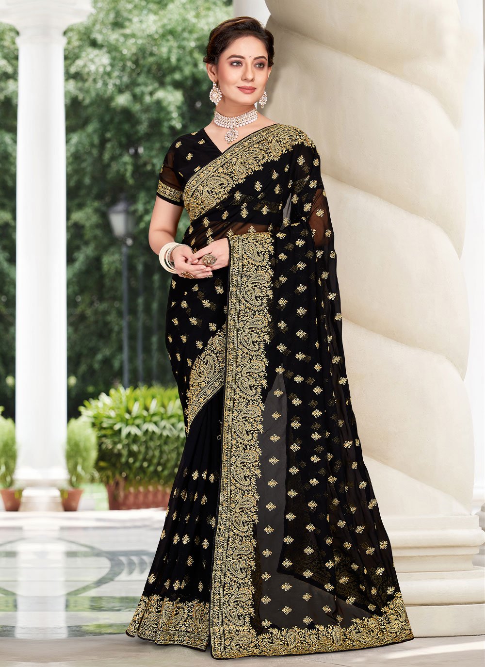 Contemporary Georgette Black Embroidered Saree