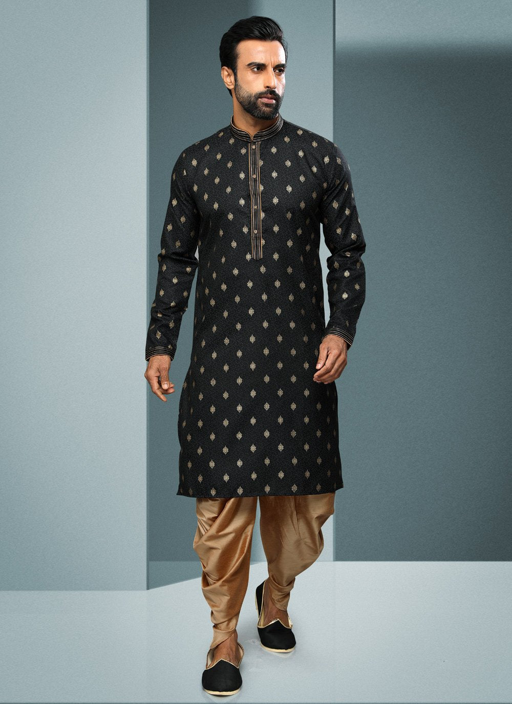 Dhoti Kurta Handloom Cotton Black Digital Print Mens