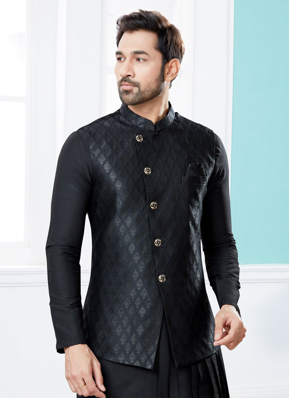 Indo Western Banarasi Silk Dupion Silk Black Jacquard Work Mens