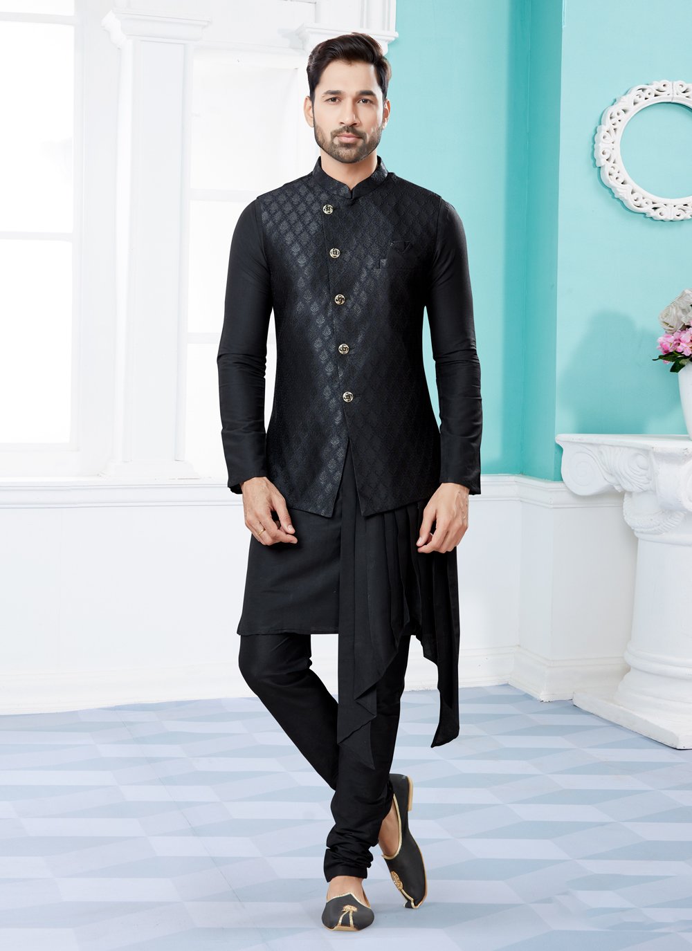 Indo Western Banarasi Silk Dupion Silk Black Jacquard Work Mens