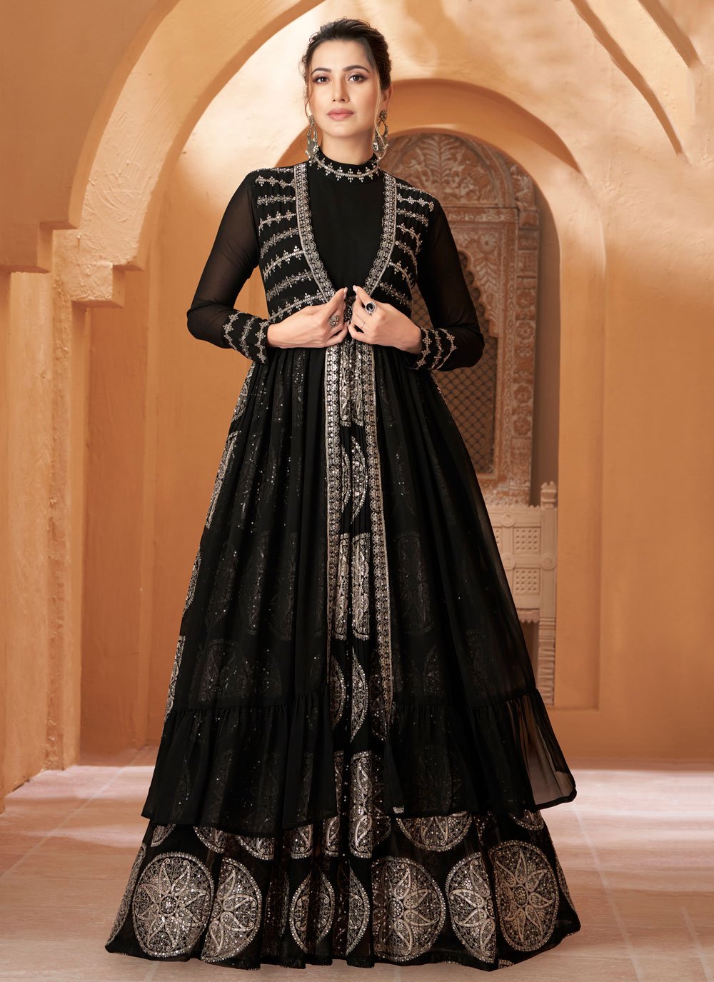 Designer Gown Georgette Black Embroidered Gown