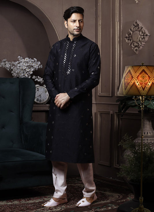 Kurta Pyjama Silk Black Embroidered Mens