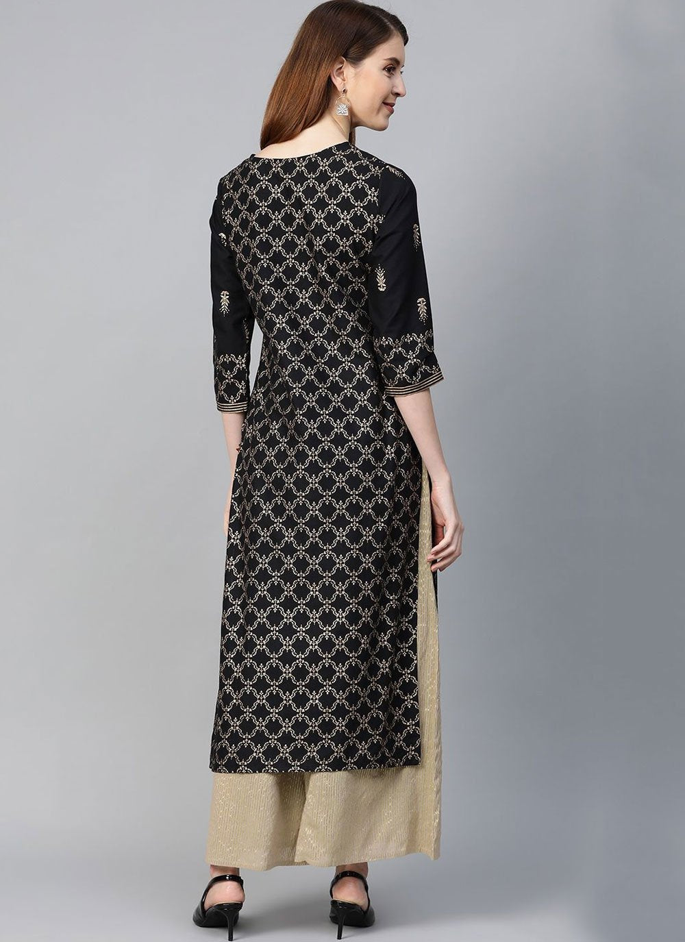 Party Wear Kurti Poly Cotton Black Print Kurtis