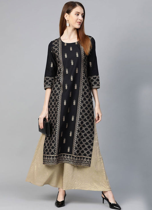 Party Wear Kurti Poly Cotton Black Print Kurtis