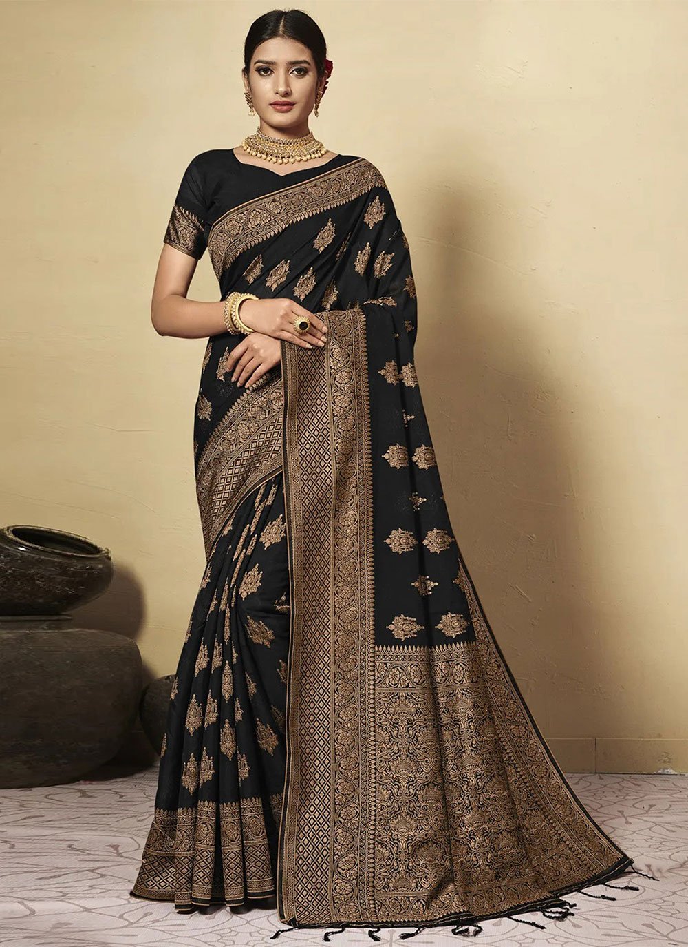 Classic Chanderi Cotton Black Weaving Saree