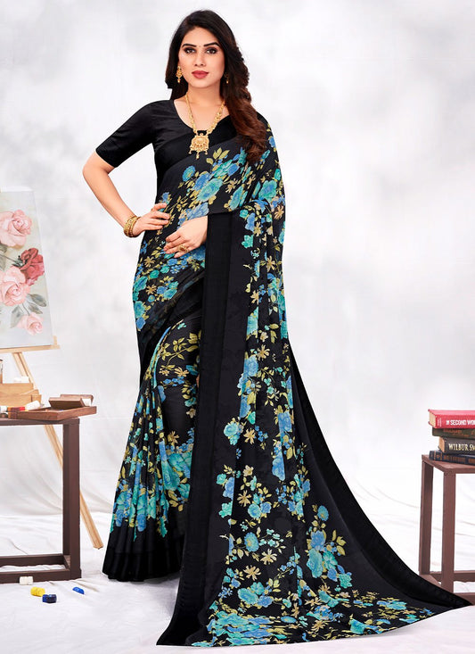 Contemporary Chiffon Black Floral Patch Saree